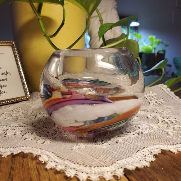 Art Glass Votive Holder Orb Paperweight 2007 Signed Lovely Color Swirls 3" Used - Picture 3 of 9